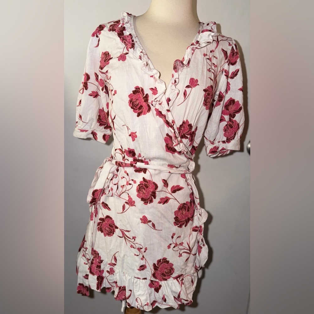 MISA Los Angeles Thora Flora Wrap Mini Dress with Abstract Pink Peonies Size XS